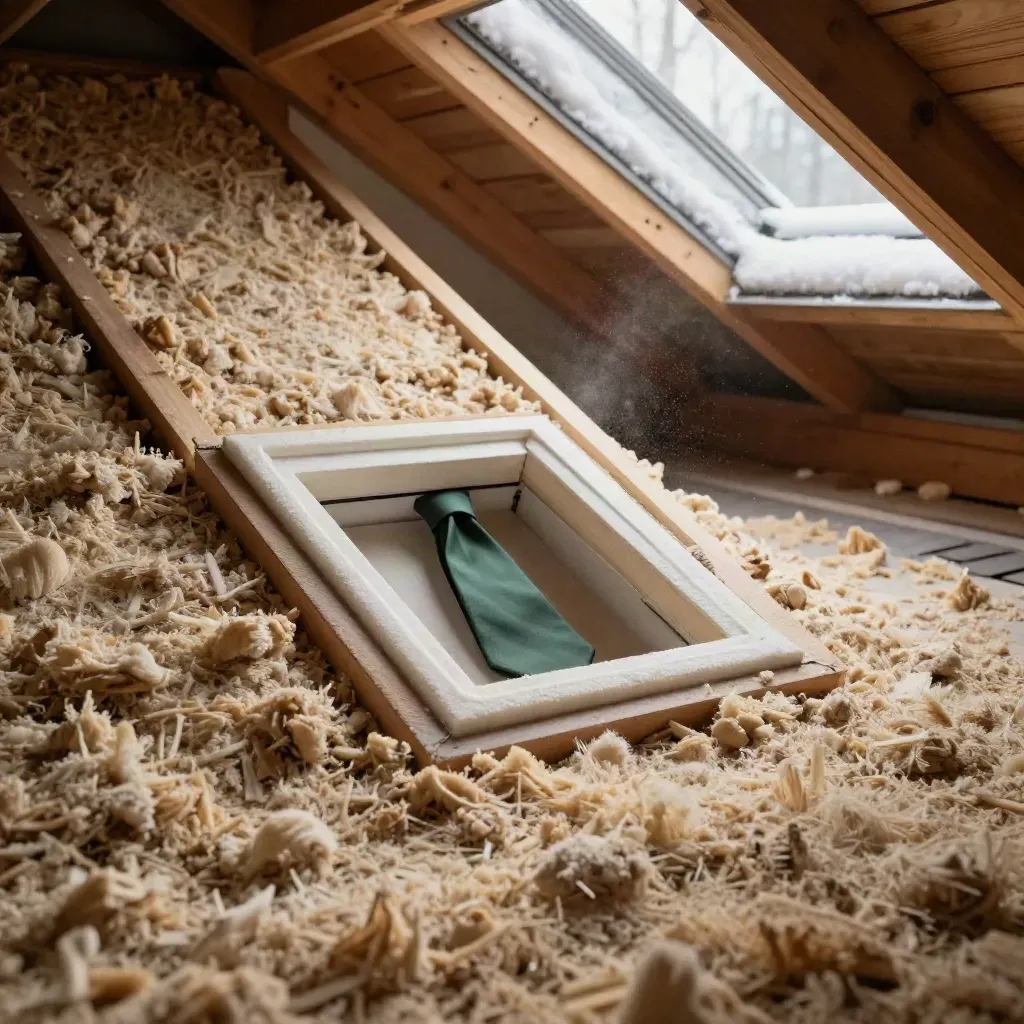 Finished bungalow attic with blown-in insulation, sealed hatch, and frost-lit roofline.