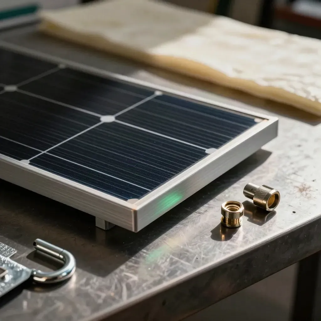 Solar panel corner, roof hook, flashing and plugs on brushed steel in hard light