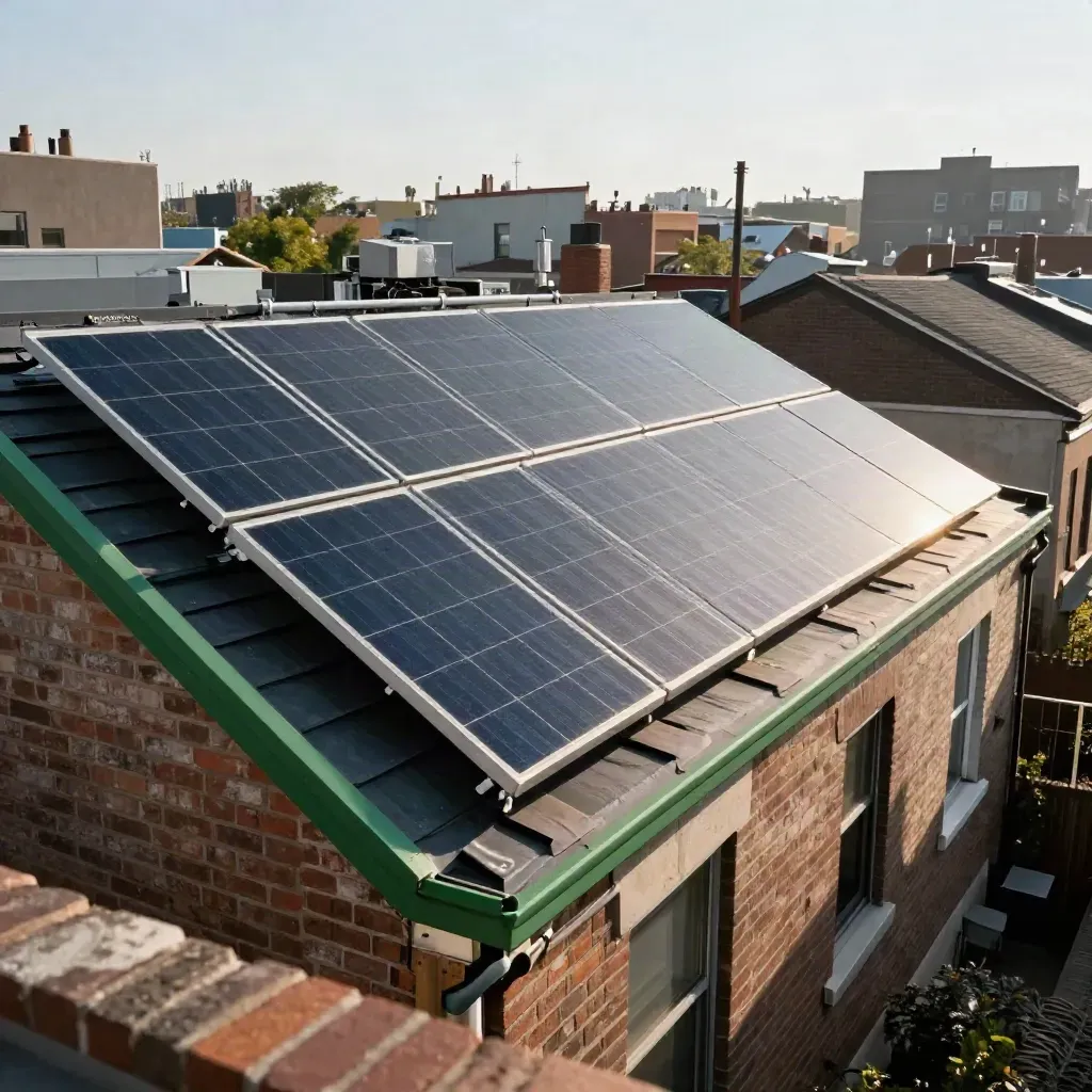 Low alley view of a finished solar roof on a narrow infill home between tall neighbours.