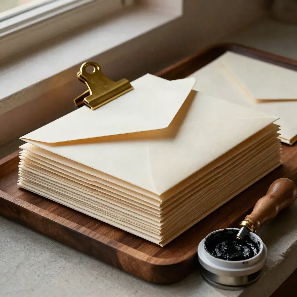 Sealed envelopes and folders on a walnut tray in warm window light