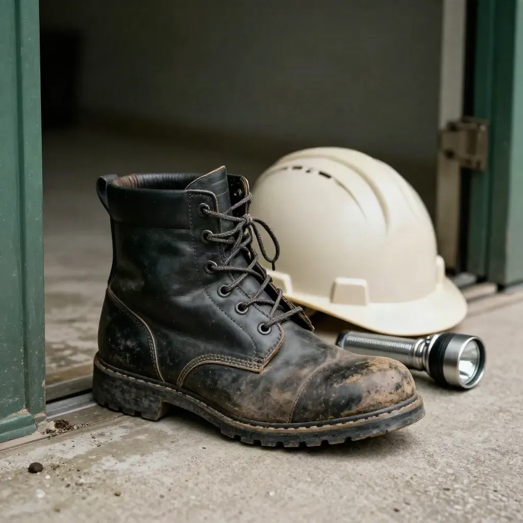 Boots, hard hat, and flashlight at a doorway on pale plaster and concrete.