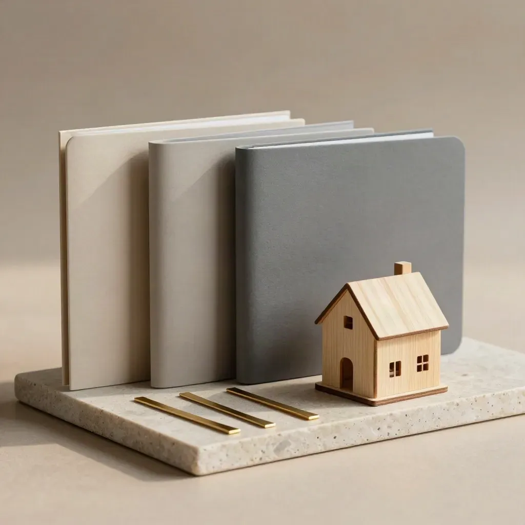 Folders, wooden house model and gold tabs arranged on a stone tray in soft light.