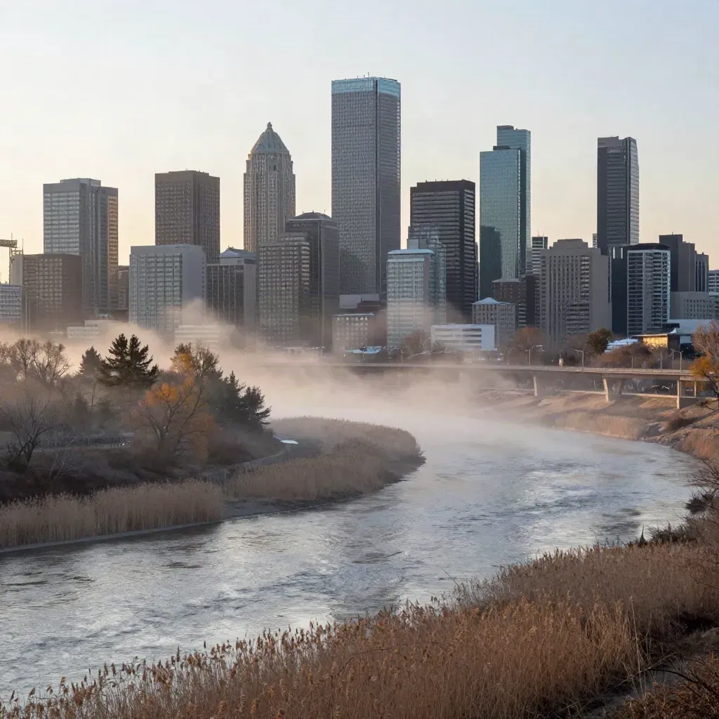 Edmonton skyline over the misty river valley at dawn with bridges and treetops
